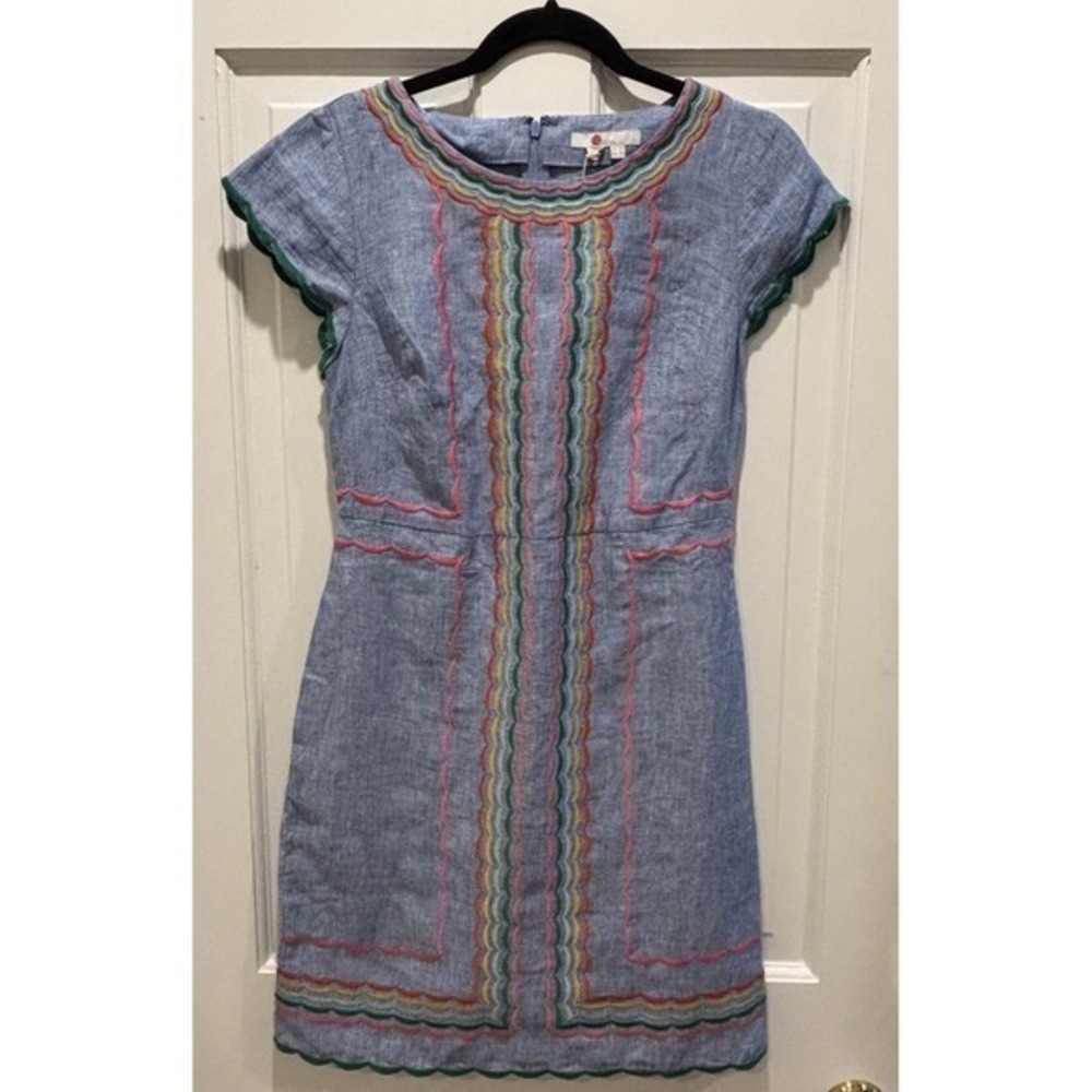 Boden Size 4 Laura Linen Embroidered Shift Dress in‎ Light Chambray